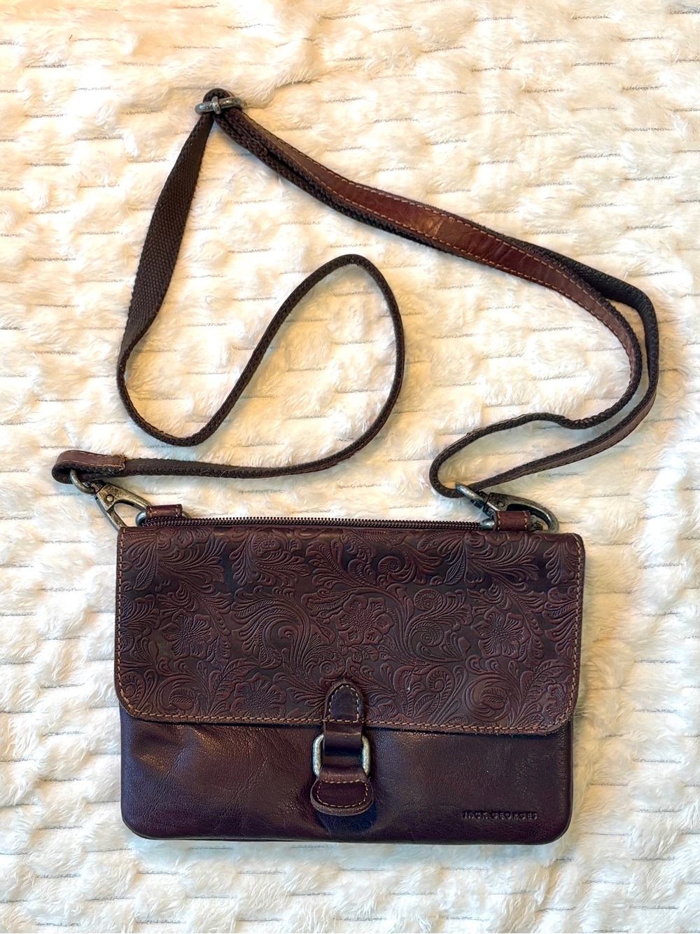 Jack Georges Floral Embossed Brown Buffalo Leather Crossbody Wallet Bag
